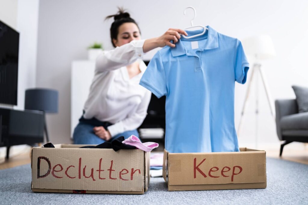 A girl decluttering clothes