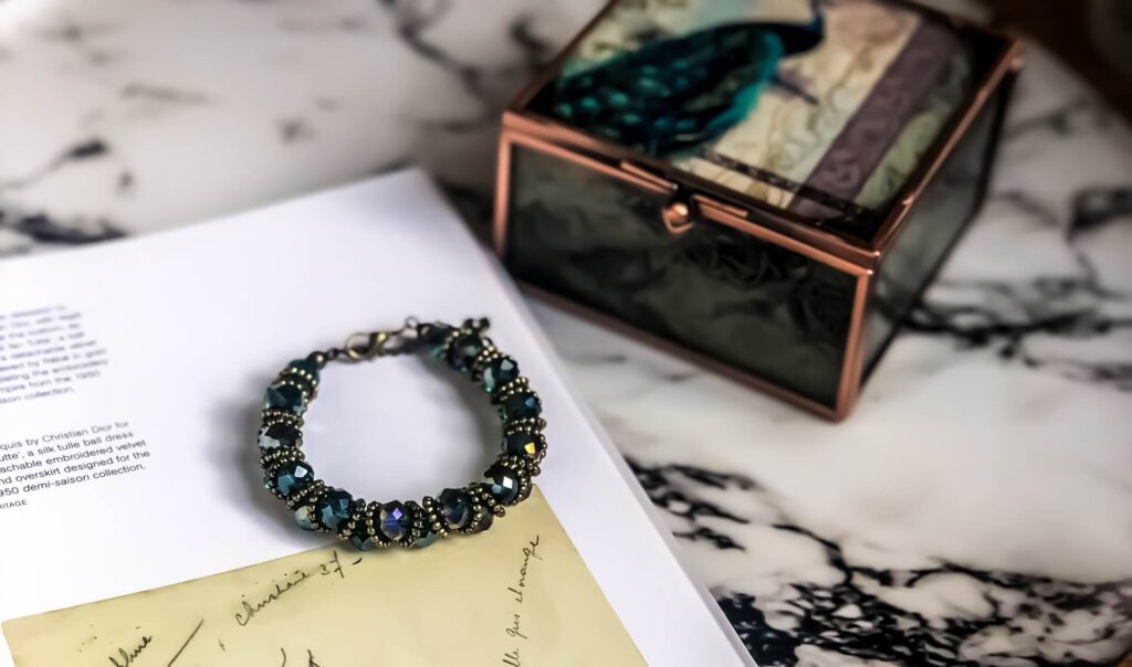 Box of jewelry on a marble table