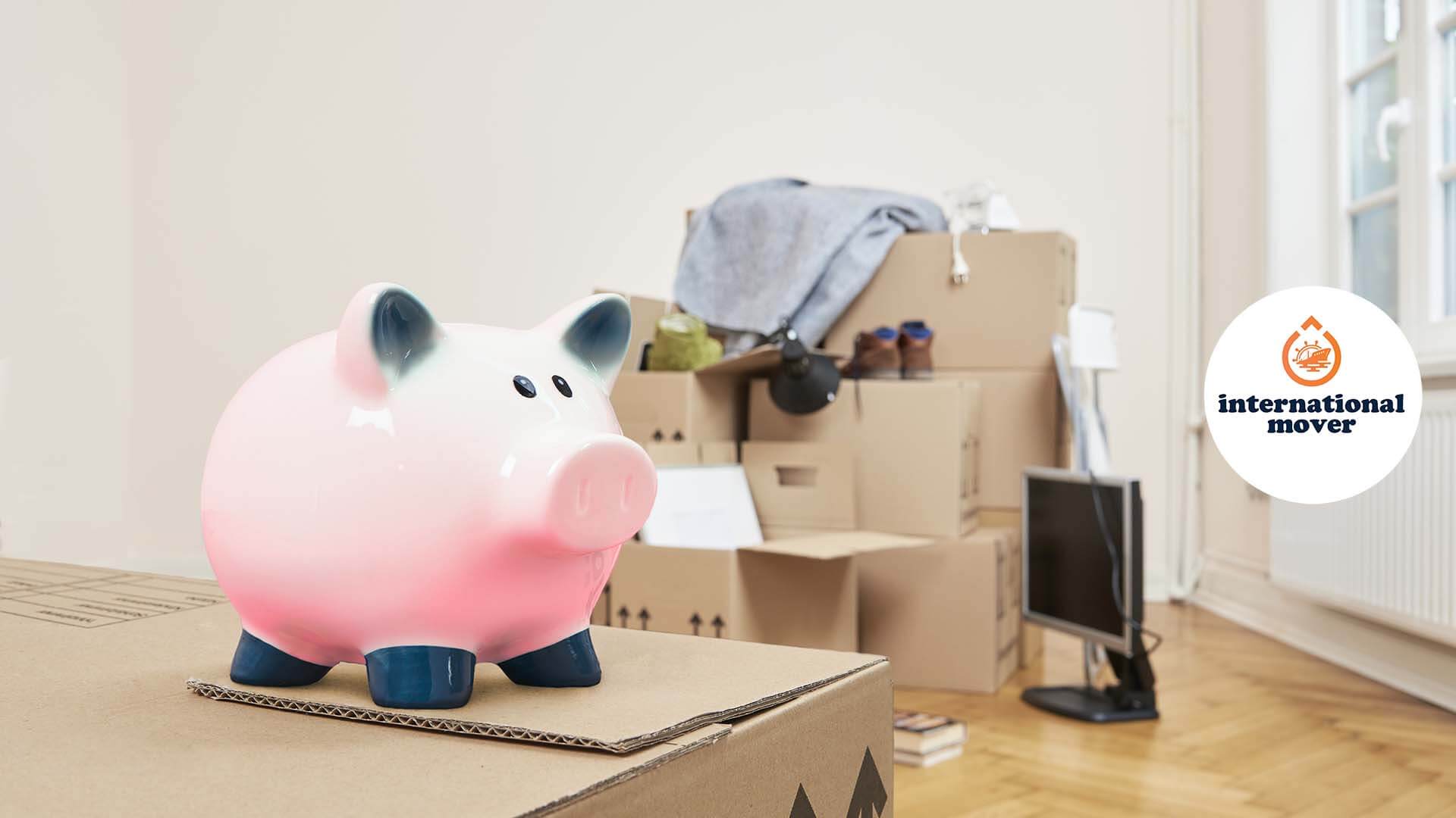 Piggy bank and prepared boxes for moving internationally