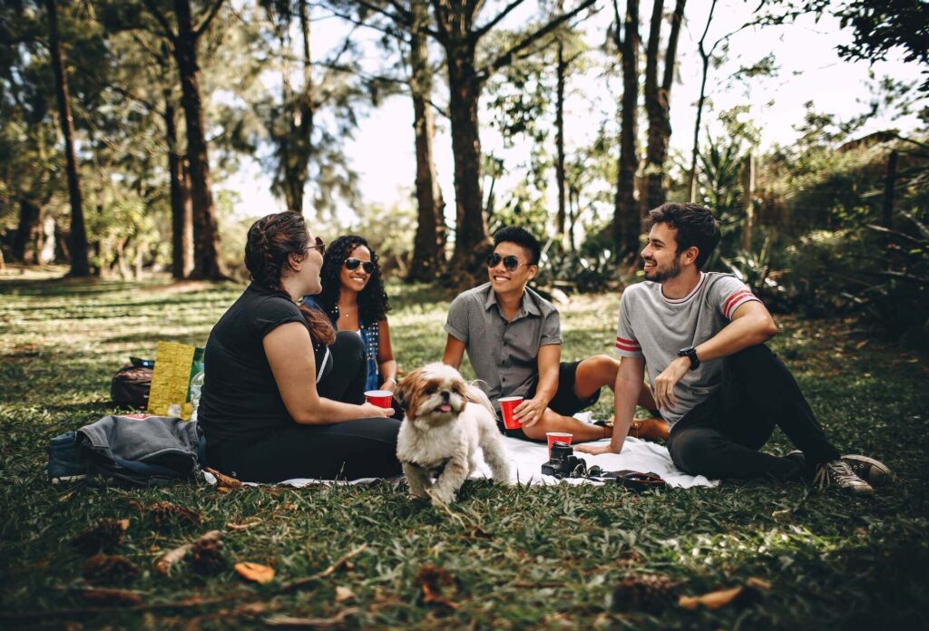 A group of people and a dog hanging out at the park
